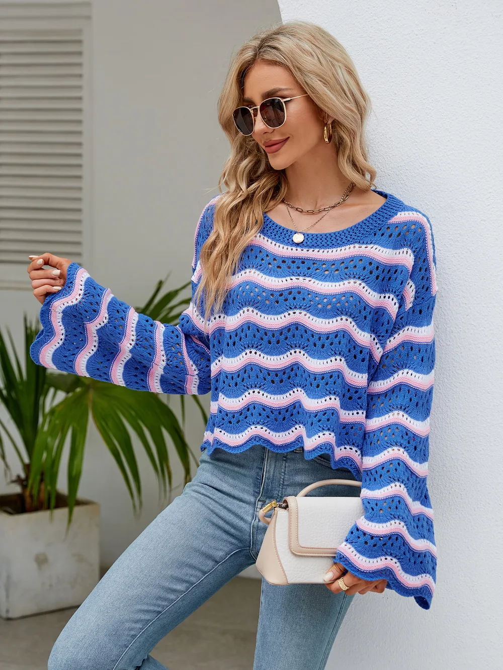 Round Neck Openwork Flare Sleeve Knit Top, image 11