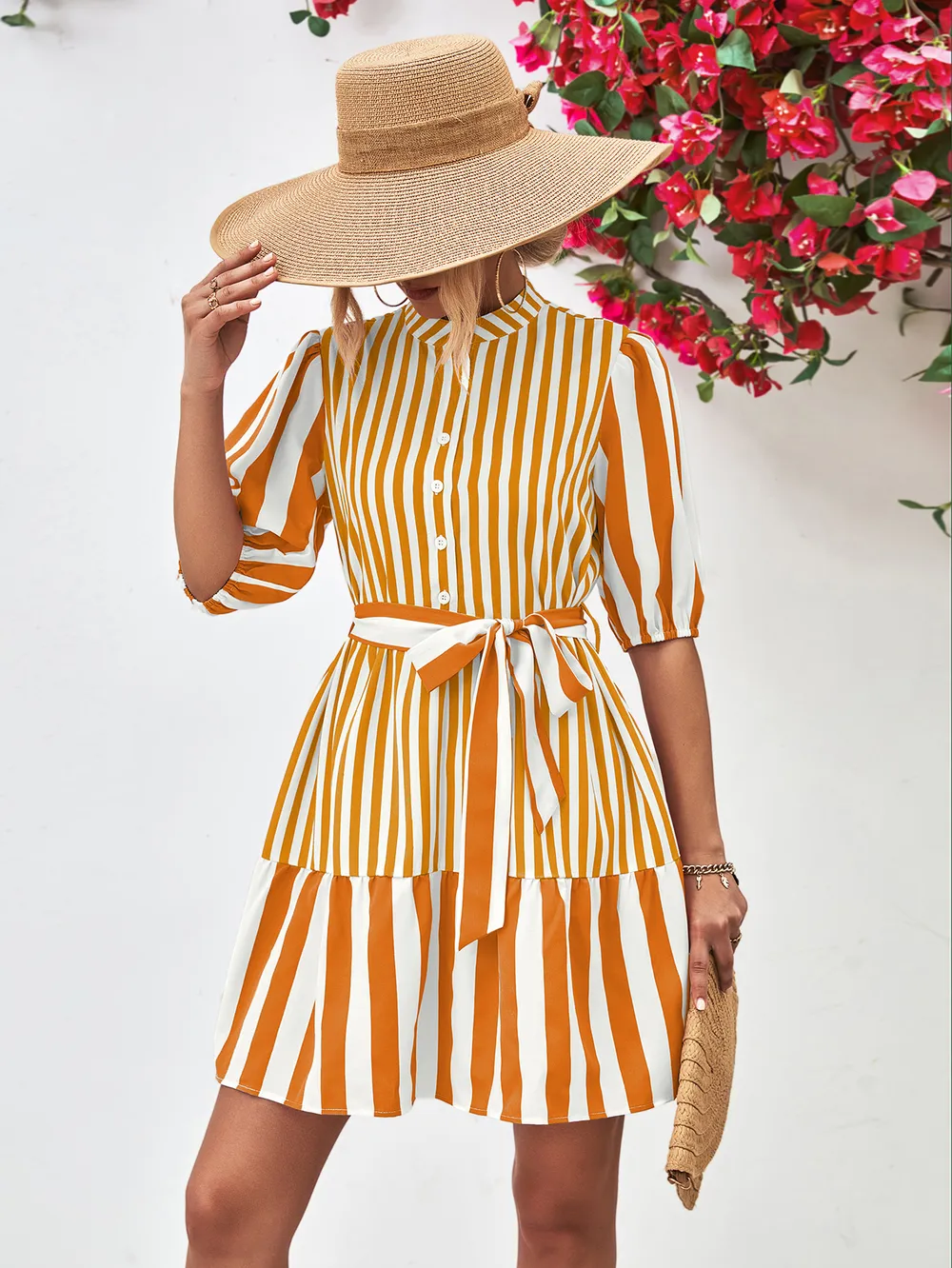 Striped Half Sleeve Tie Waist Mini Dress, image 13