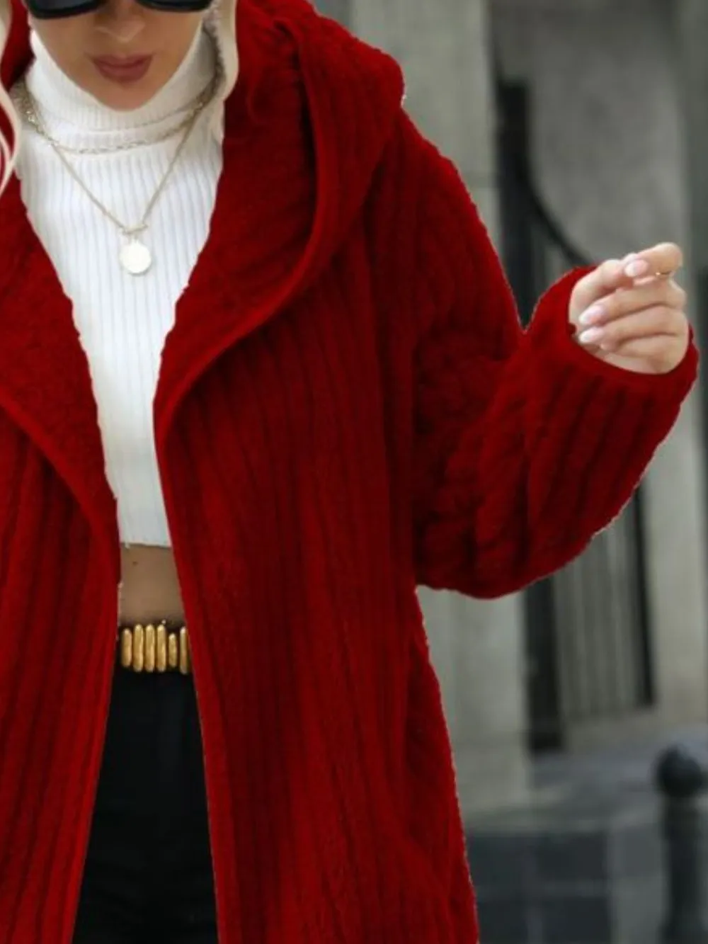 Open Front Ribbed Hooded Coat, image 6