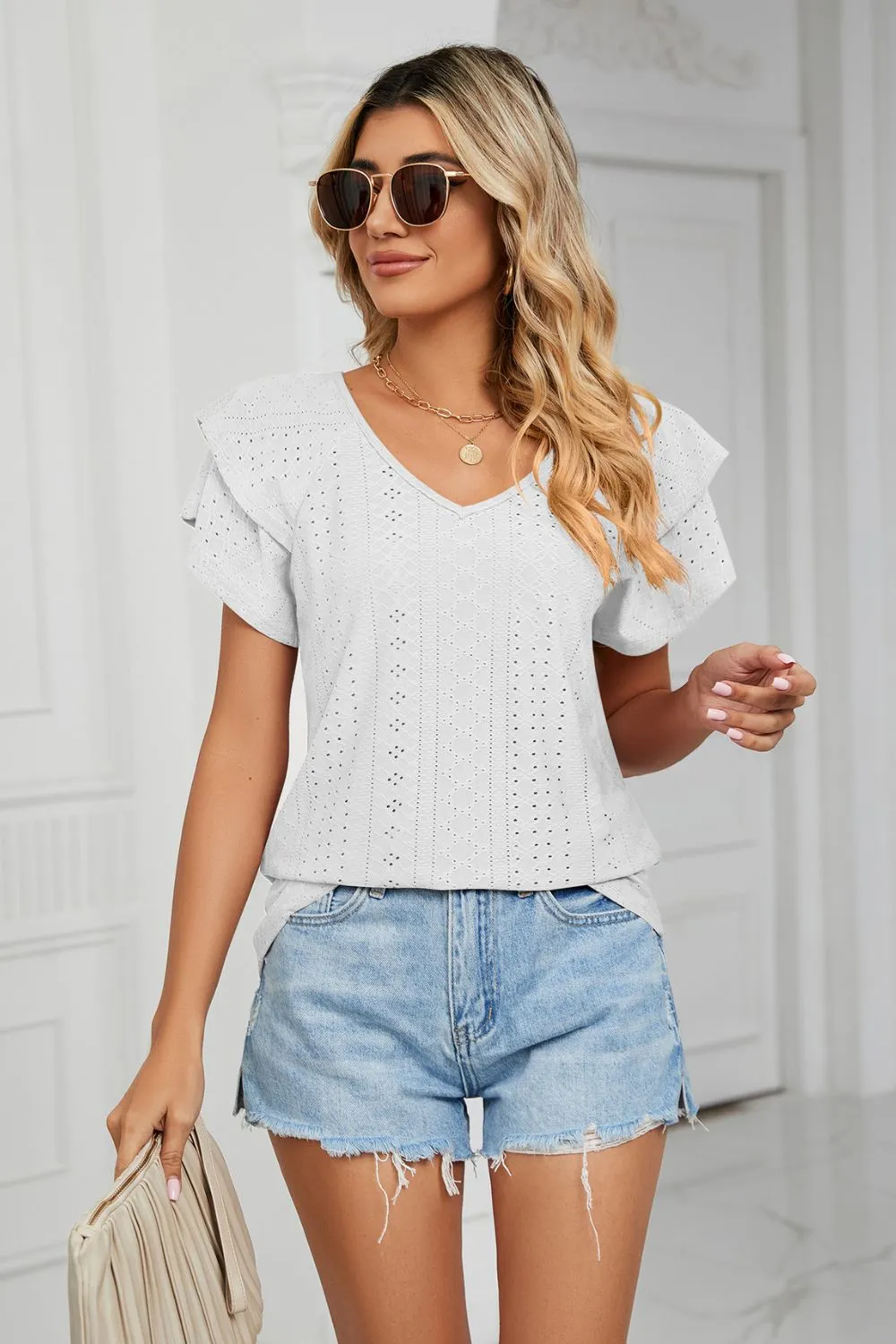 Eyelet Layered Flutter Sleeve V-Neck Knit Top, image 19