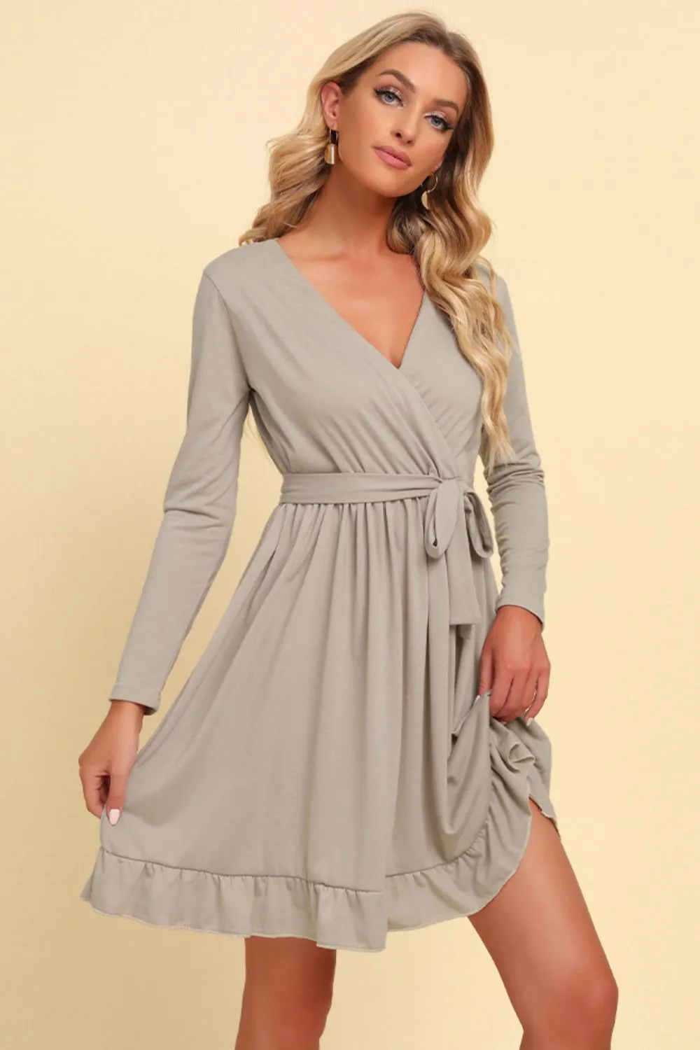 Long Sleeve Tie Waist Ruffle Hem Dress, image 8