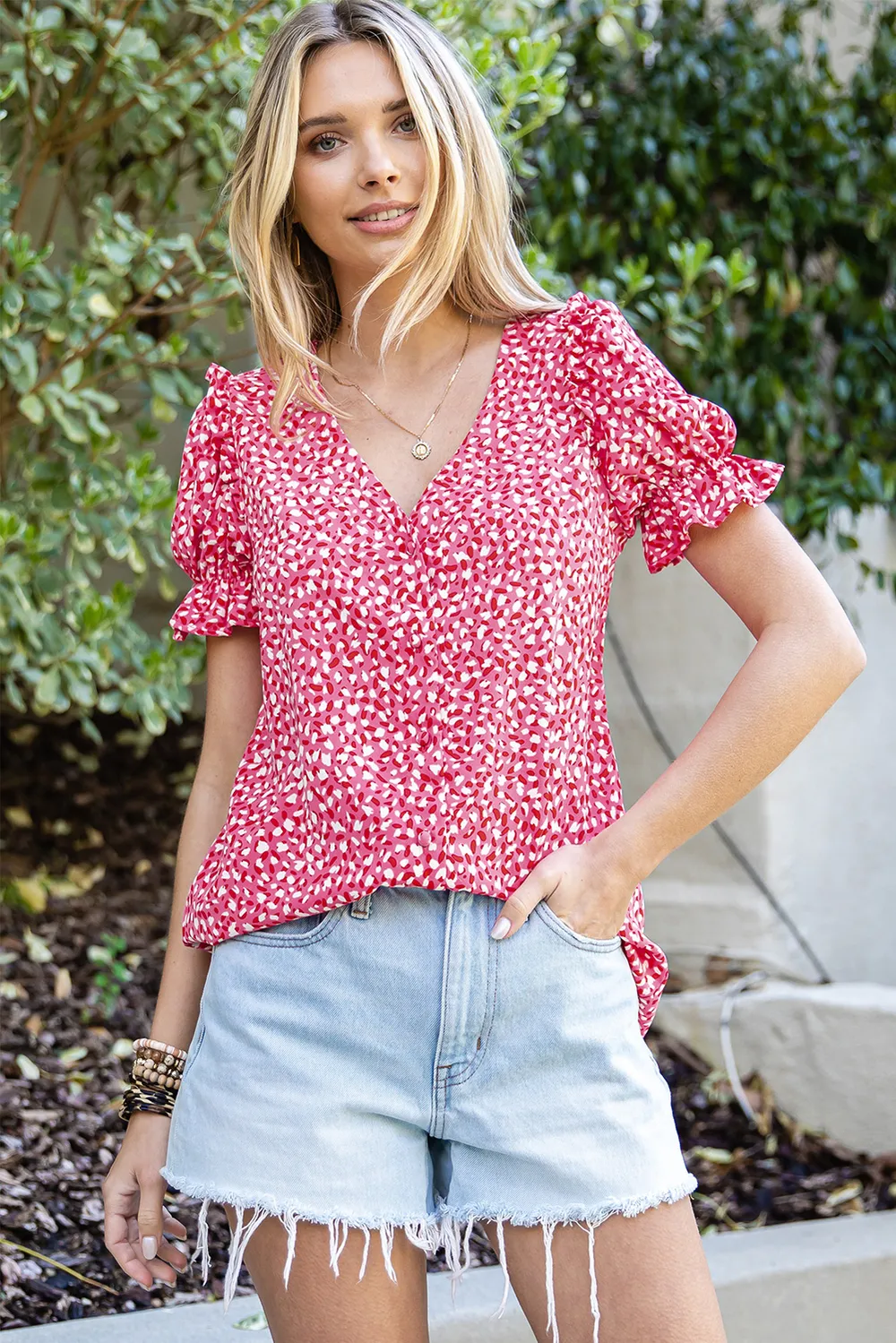 Printed Flounce Sleeve Plunge Blouse, image 3