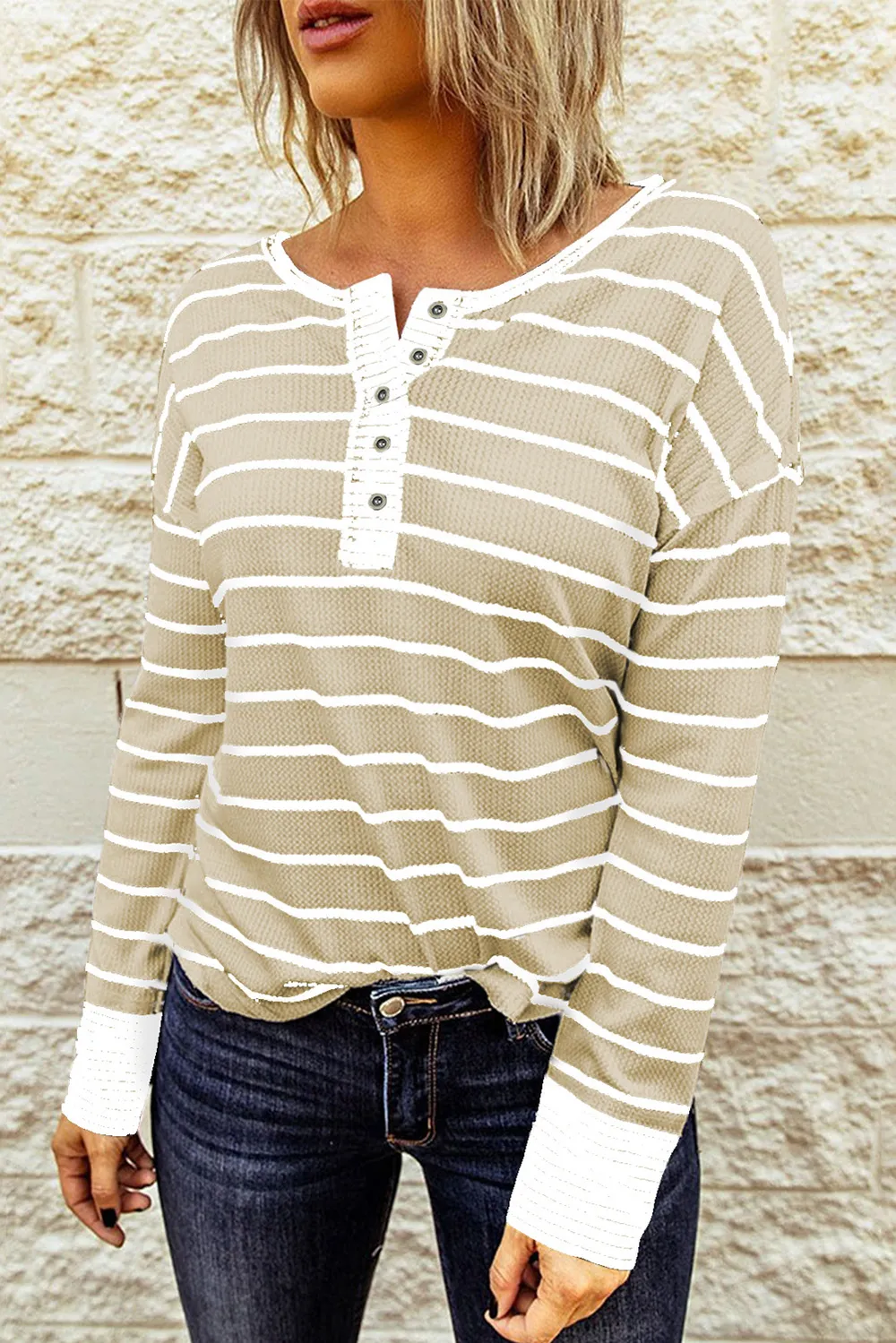 Striped Waffle Knit Henley Long Sleeve Top, image 8