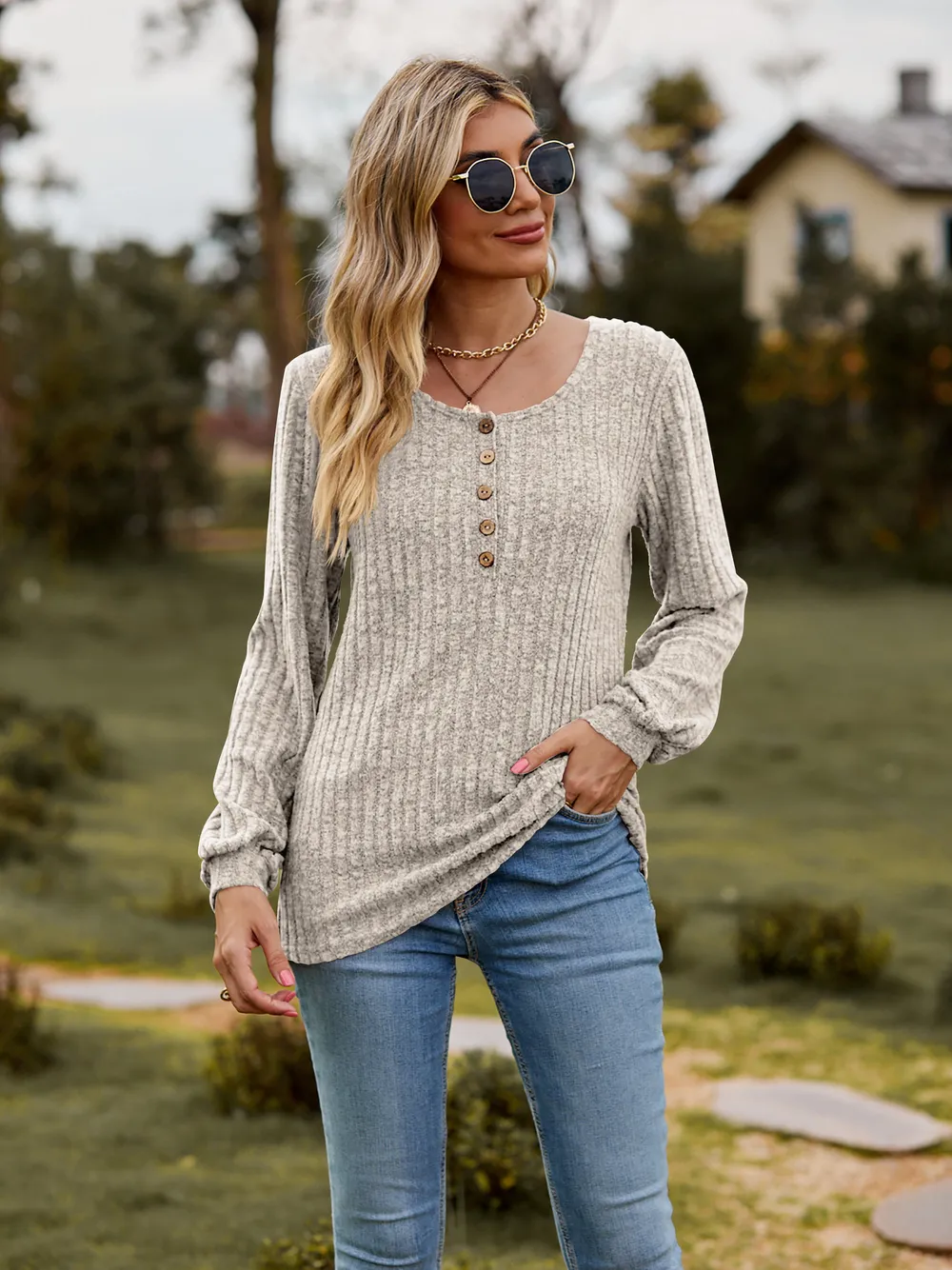 Round Neck Button-Down Long Sleeve Tee, image 25