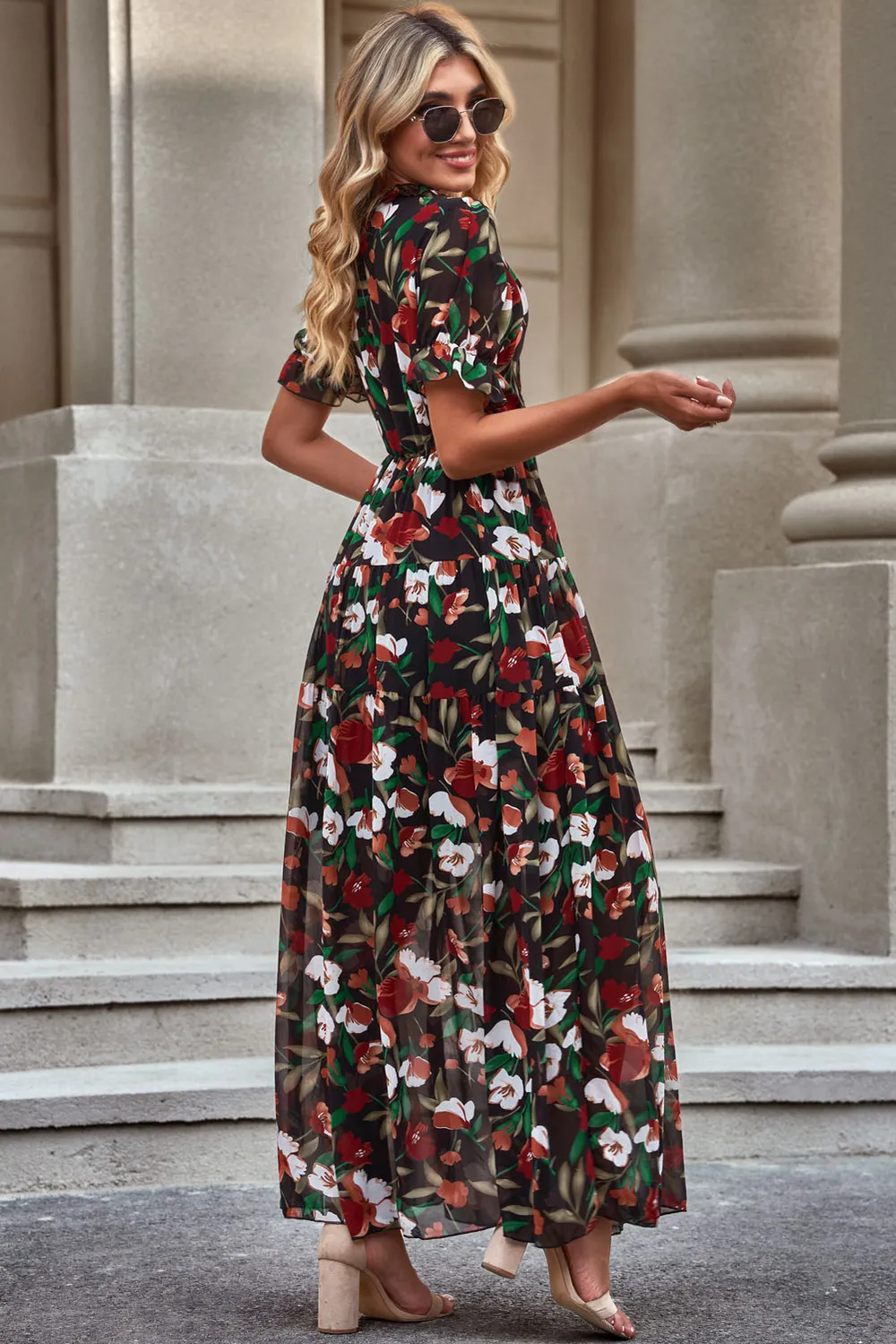 Floral V-Neck Short Flounce Sleeve Dress, image 9