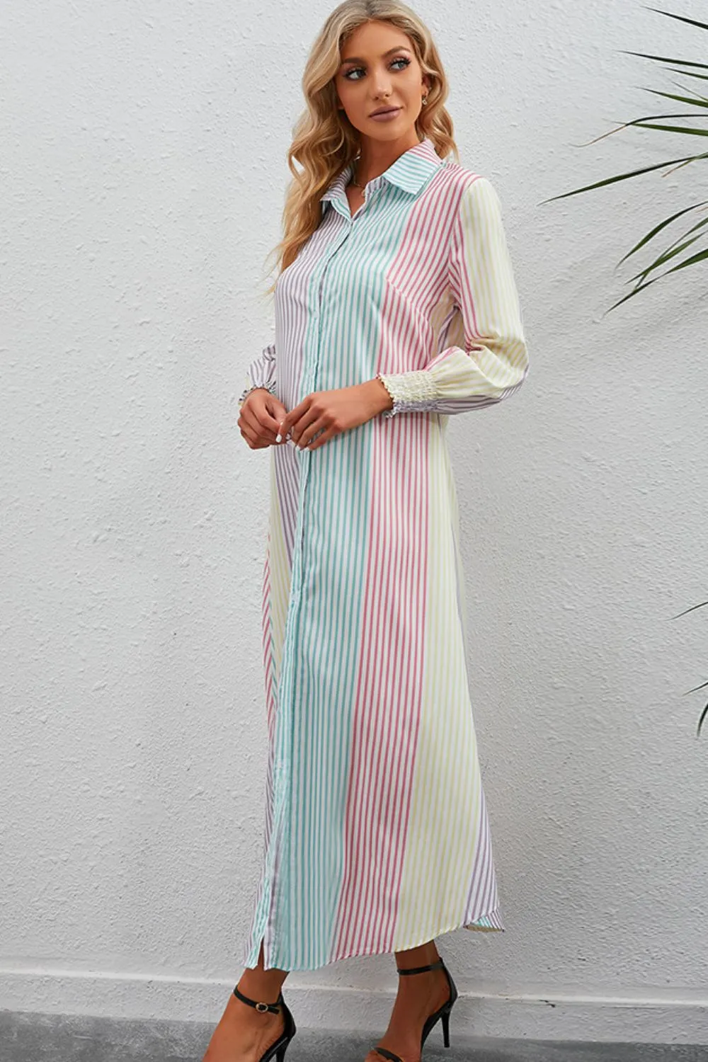 Rainbow Stripe Button-Up Maxi Shirt Dress, image 4
