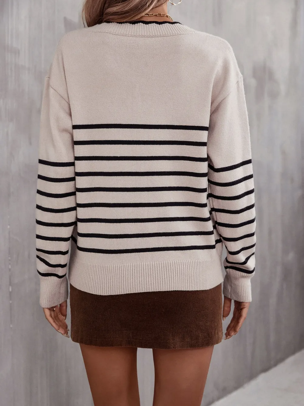 Striped V-Neck Drop Shoulder Sweater, image 9