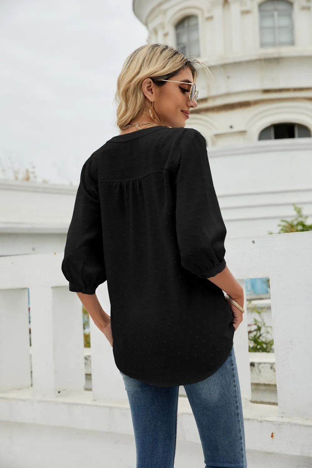 Swiss Dot Notched Neck Three-Quarter Sleeve Blouse, image 11
