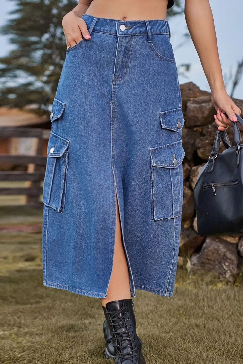 Slit Front Midi Denim Skirt with Pockets, image 13