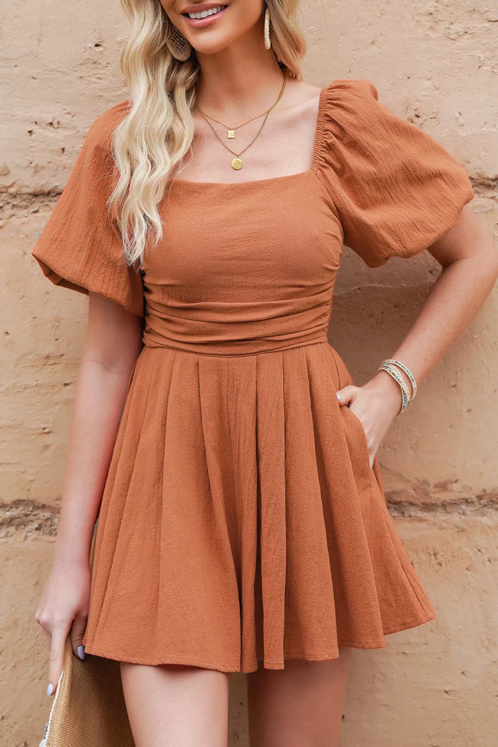 Square Neck Pleated Romper with Pockets, image 9