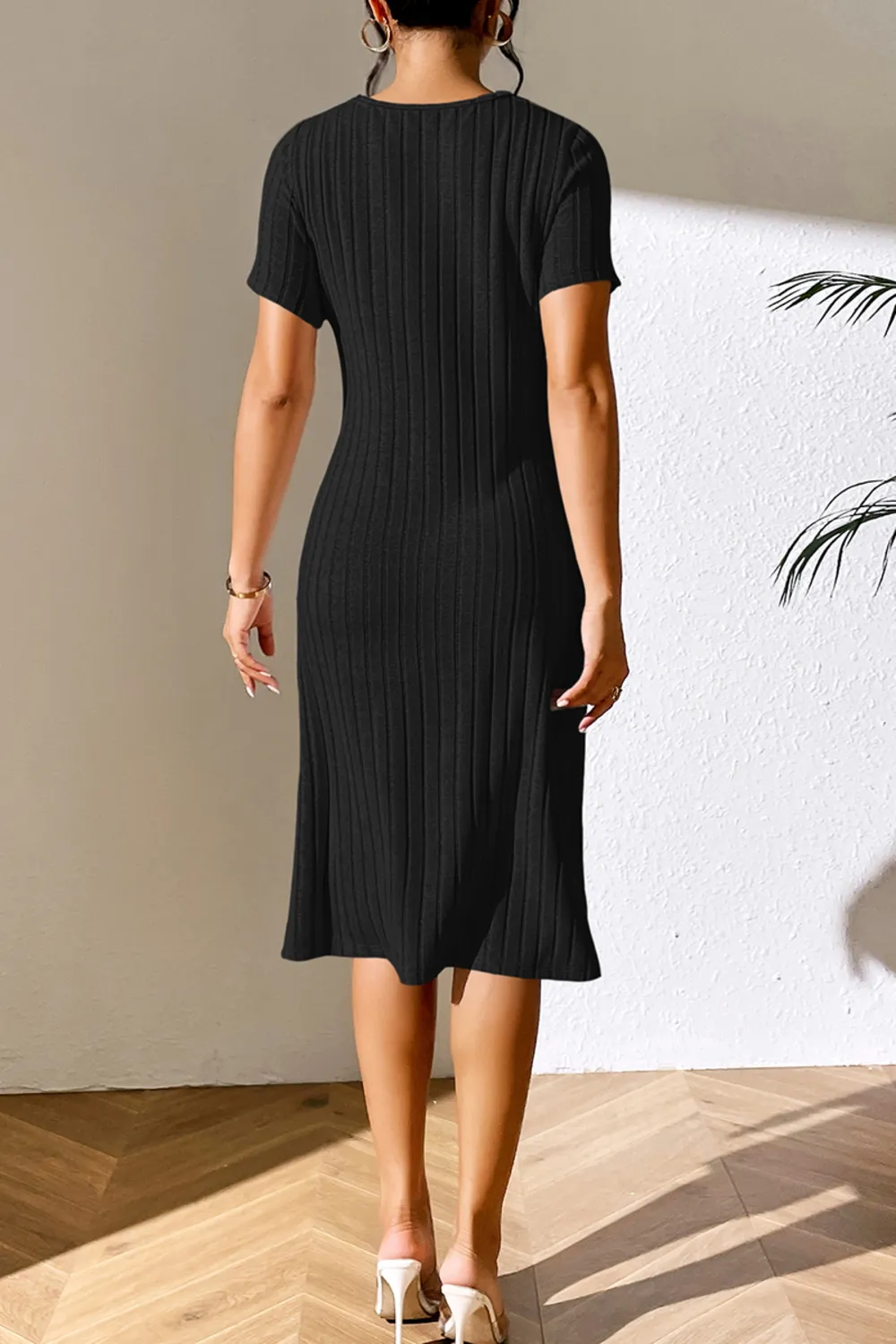 Ribbed Asymmetrical Neck Short Sleeve Dress, image 9