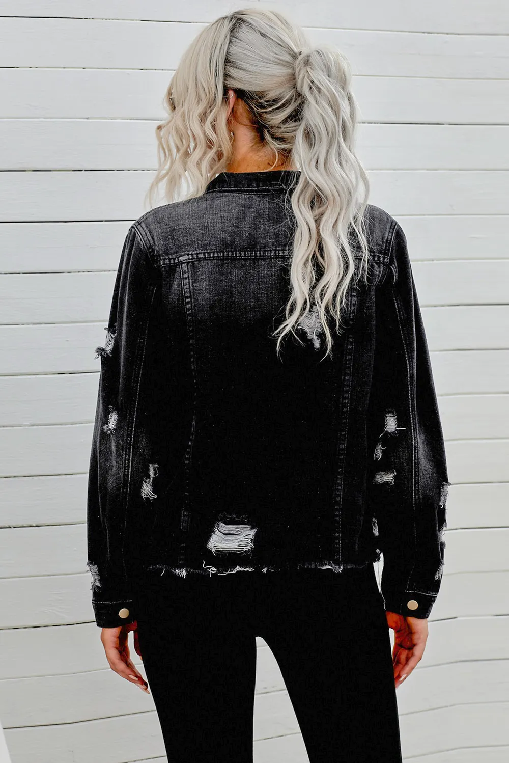 Distressed Raw Hem Buttons Denim Jacket, image 5