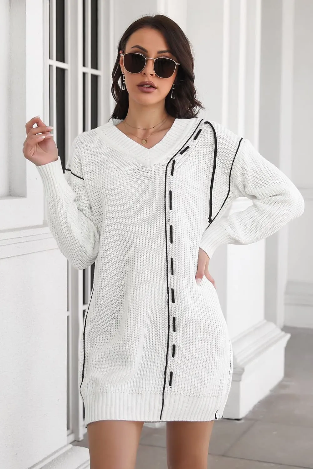 Contrast V-Neck Sweater Dress, image 4