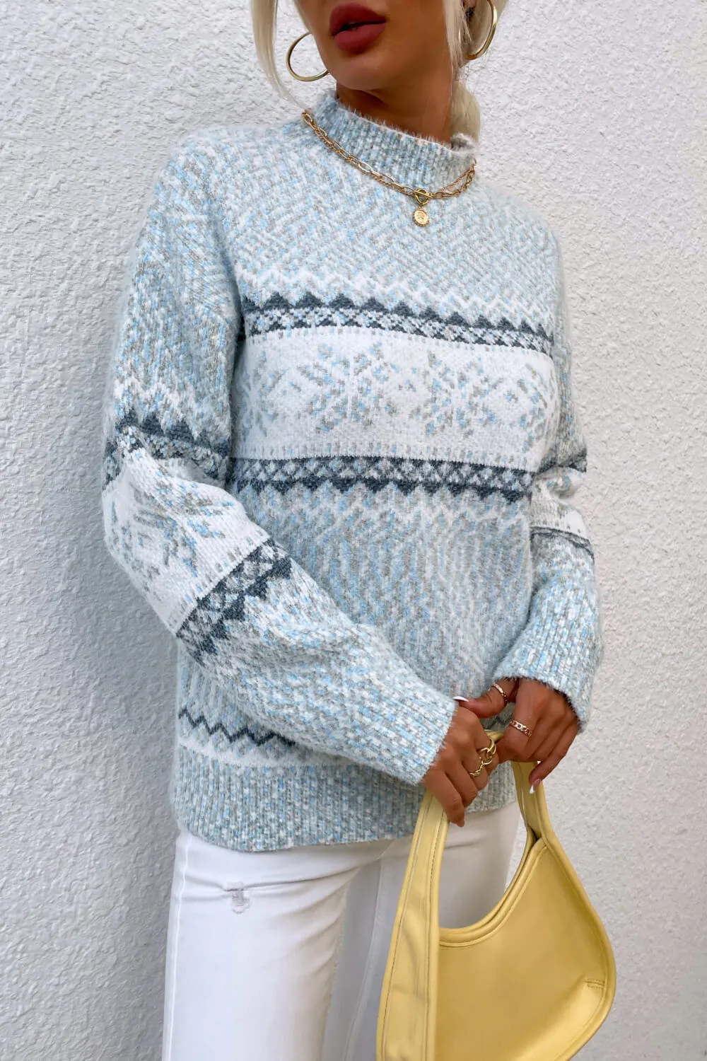 Snowflake Pattern Mock Neck Sweater, image 7