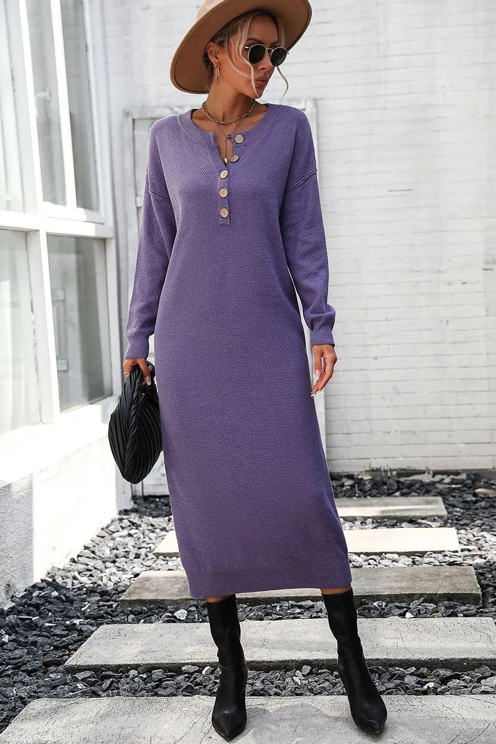 Notched Neck Dropped Shoulder Button-Down Midi Dress, image 4