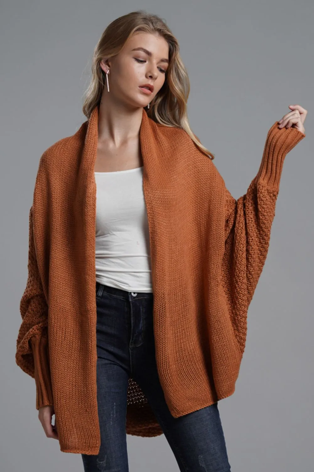 Dolman Sleeve Open Front Ribbed Trim Longline Cardigan, image 28