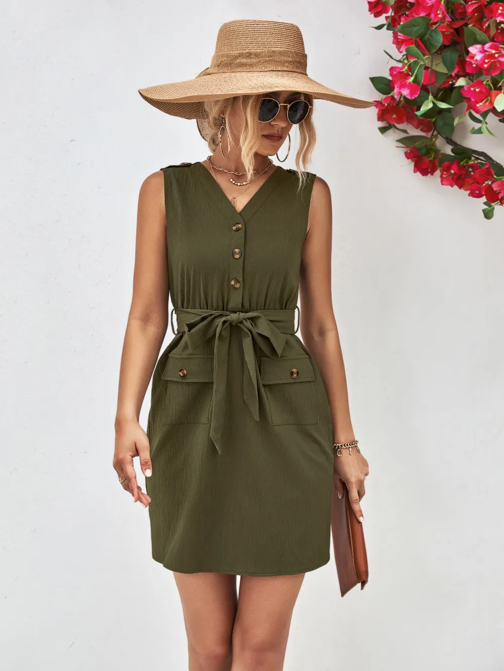 Buttoned V-Neck Belted Sleeveless Dress, image 8