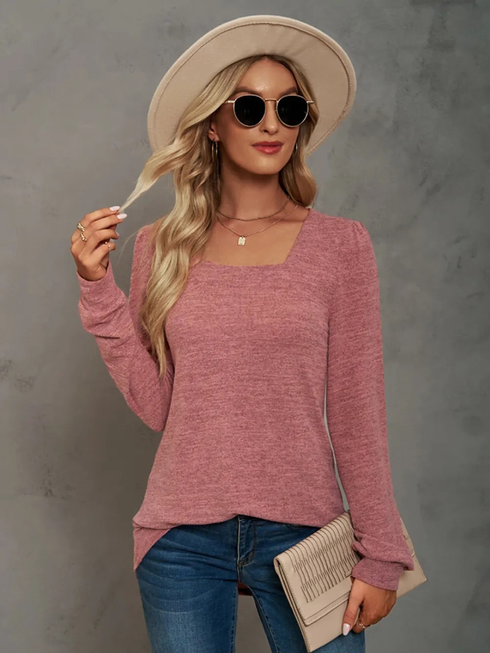 Heathered Square Neck Long Sleeve T-Shirt, image 4