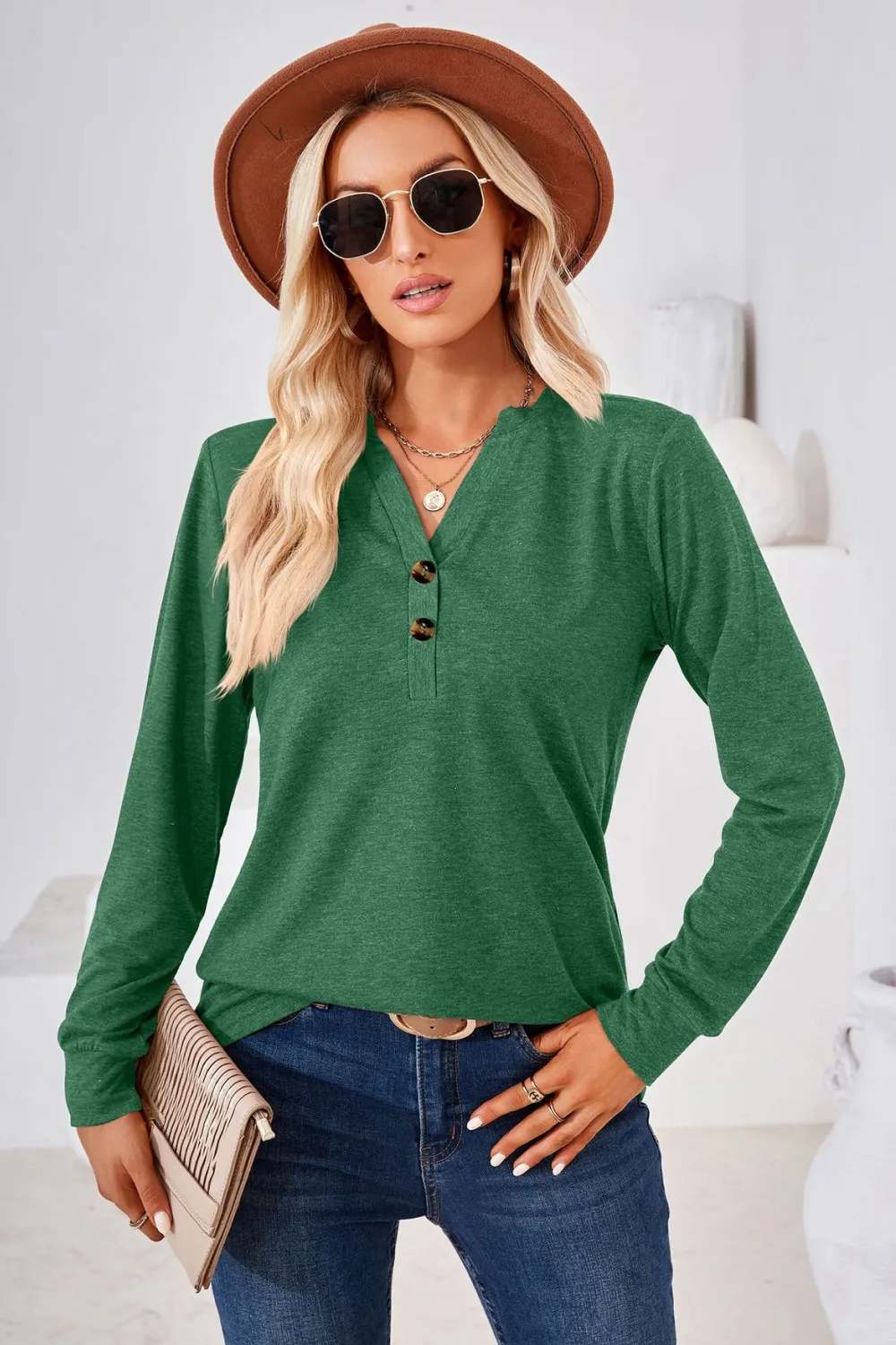 V-Neck Buttoned Long Sleeve Blouse, image 21