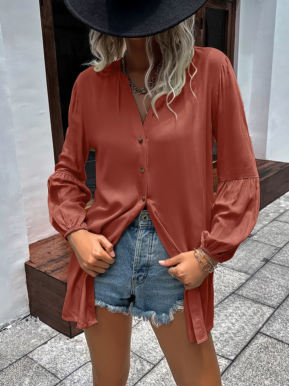 Notched Neck Balloon Sleeve Shirt, image 17