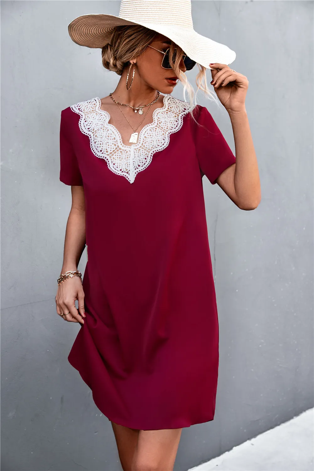 Spliced Lace Contrast Short Sleeve Dress, image 6