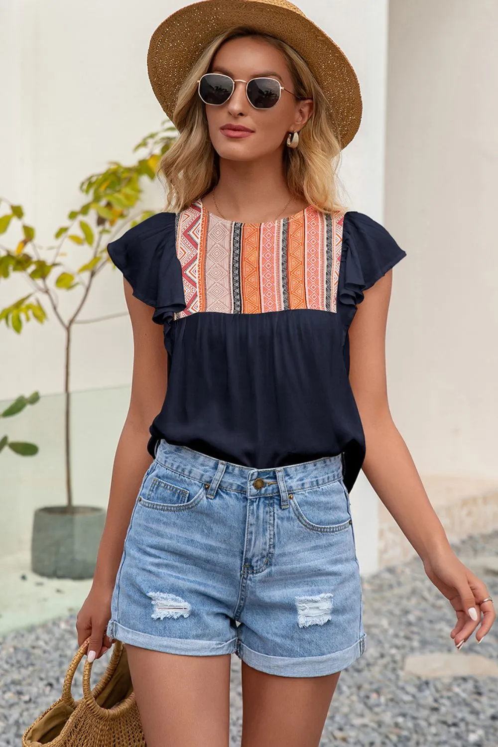 Contrast Print Butterfly Sleeve Top, image 10