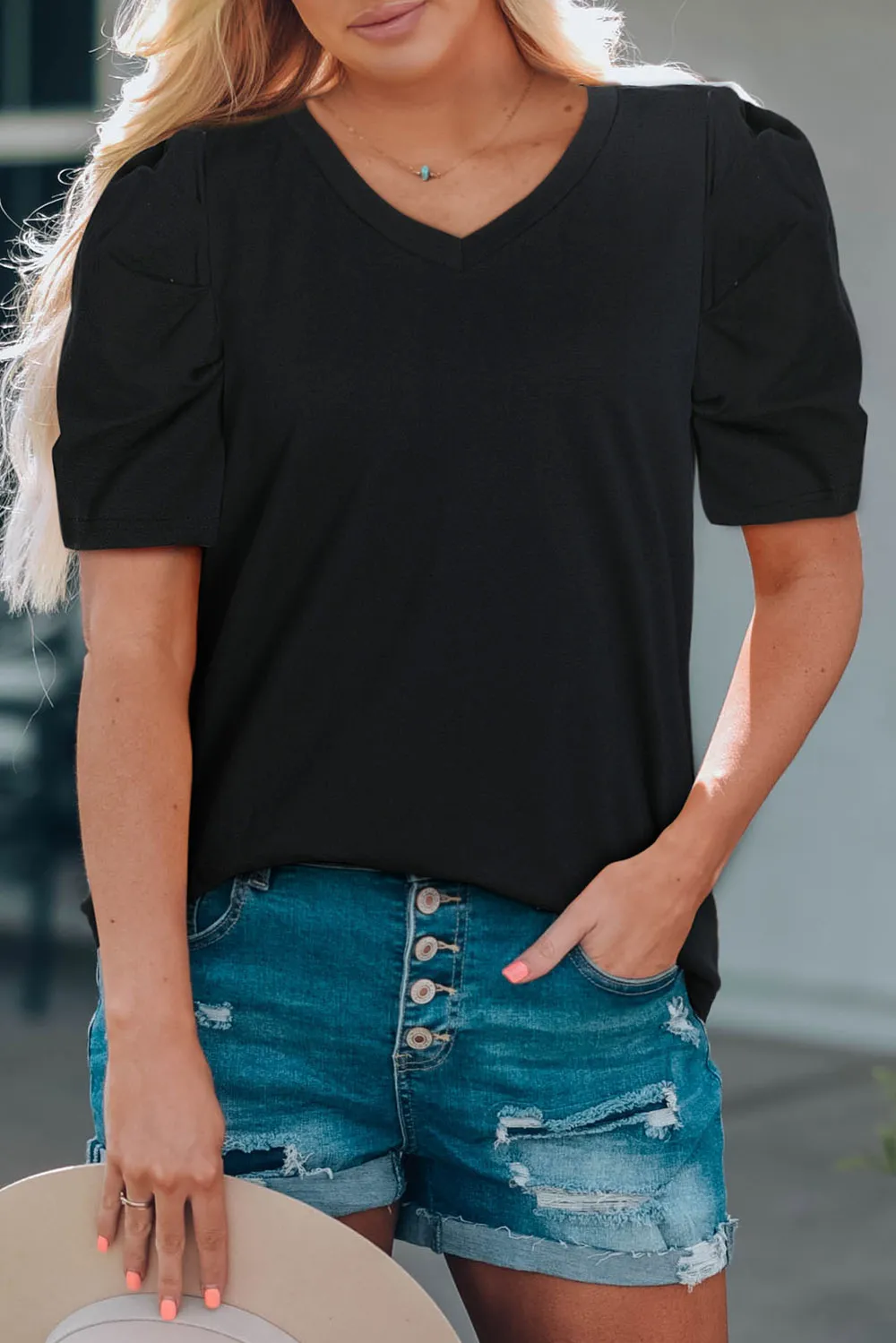 Puff Sleeve V-Neck Tee, image 8