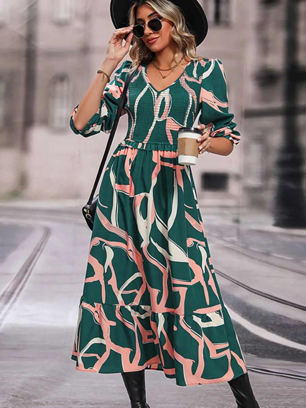Printed Smocked V-Neck Three-Quarter Sleeve Midi Dress, image 3