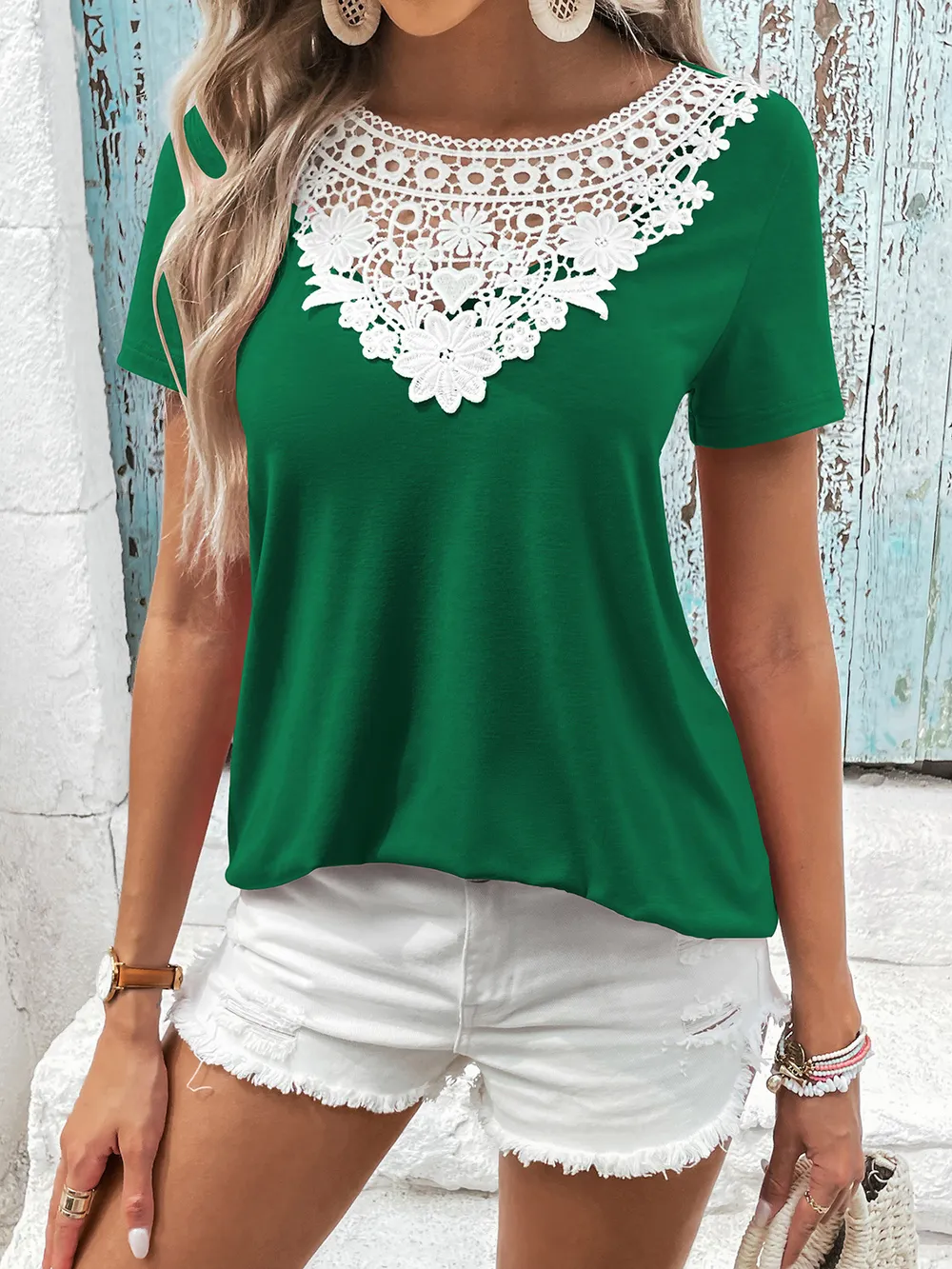 Spliced Lace Contrast Short Sleeve Top, image 8