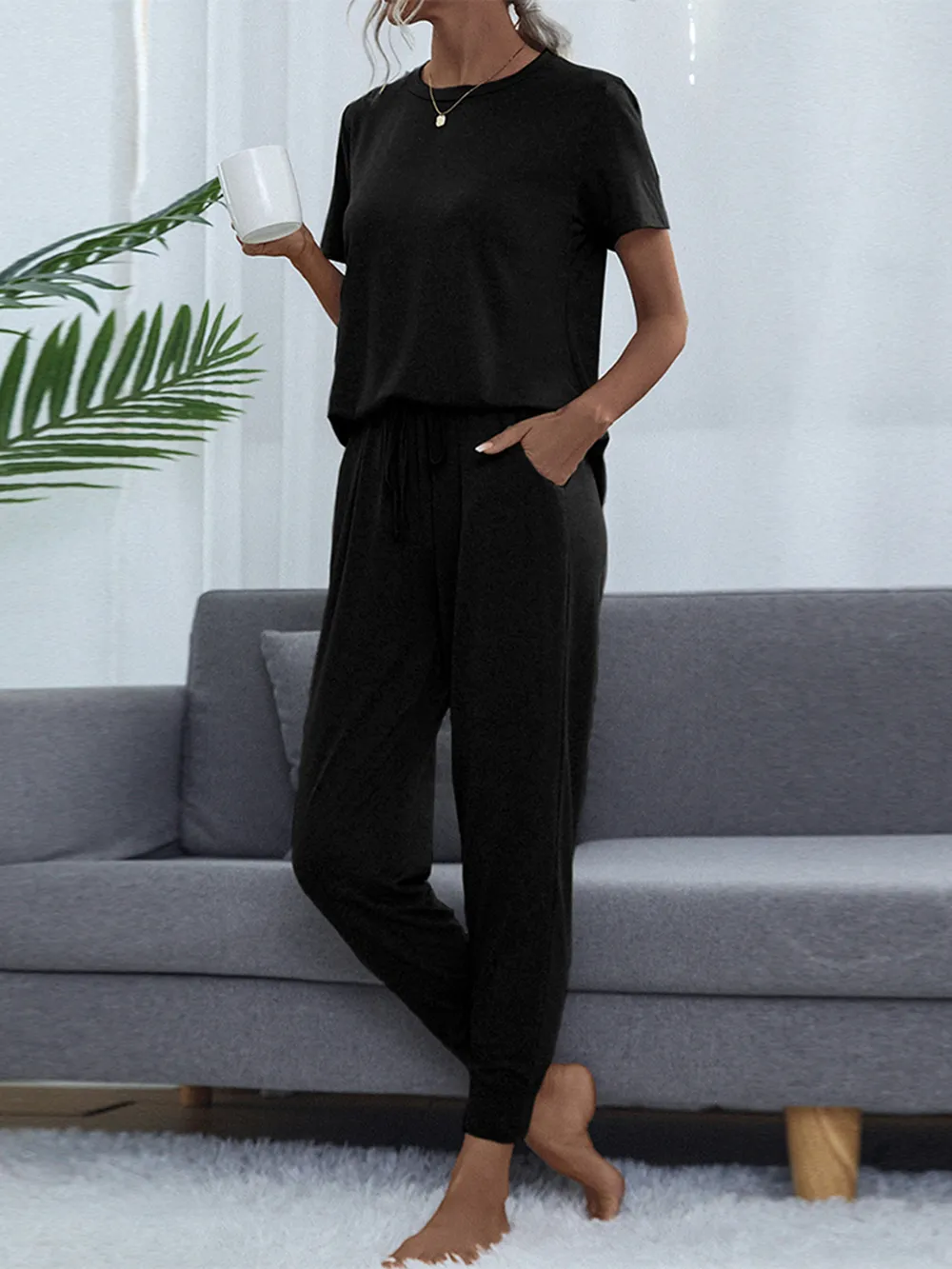 Round Neck Short Sleeve Top and Pants Set, image 19