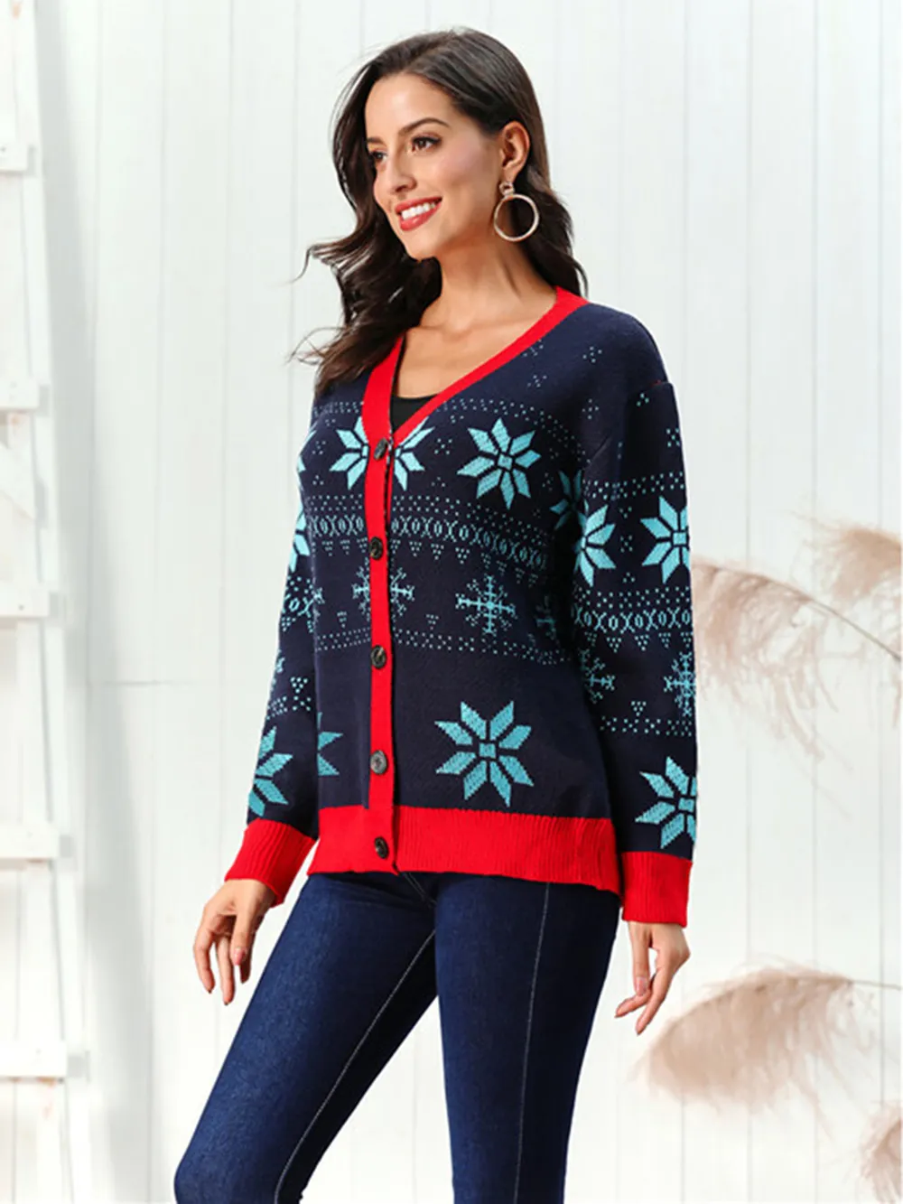 Snowflake Pattern Button Down Cardigan, image 3