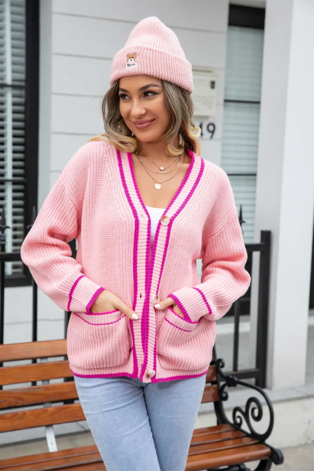 Waffle Knit V-Neck Cardigan with Pocket, image 2