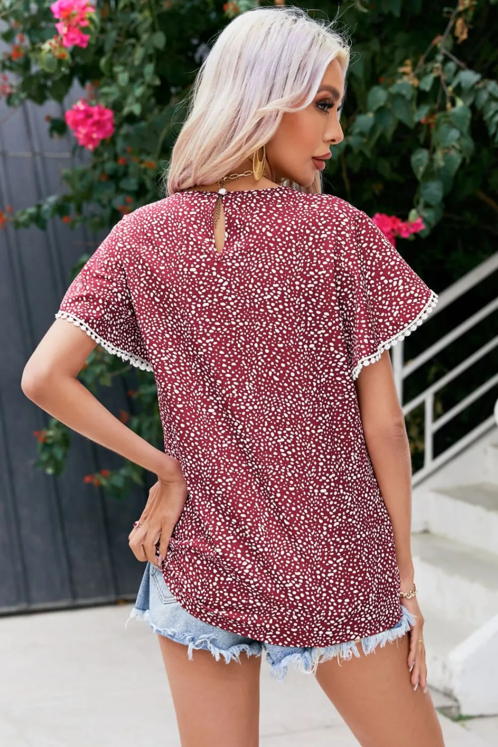 Printed Pom Pom Detail Petal Sleeve Blouse, image 2