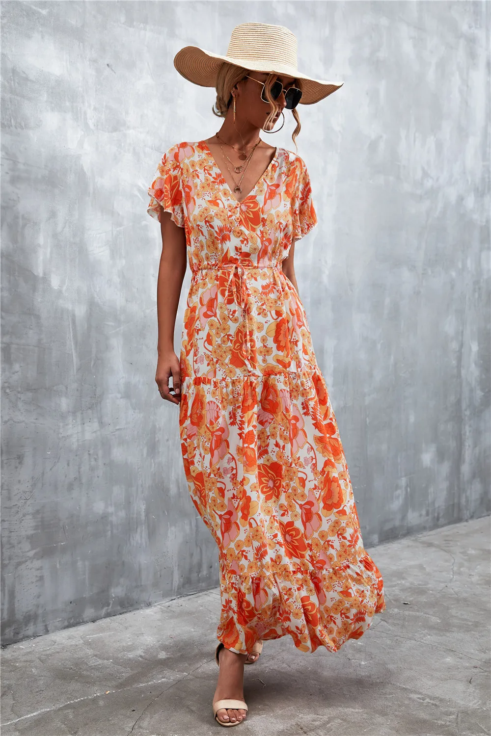 Floral Buttoned Drawstring Waist Tiered Dress, image 14