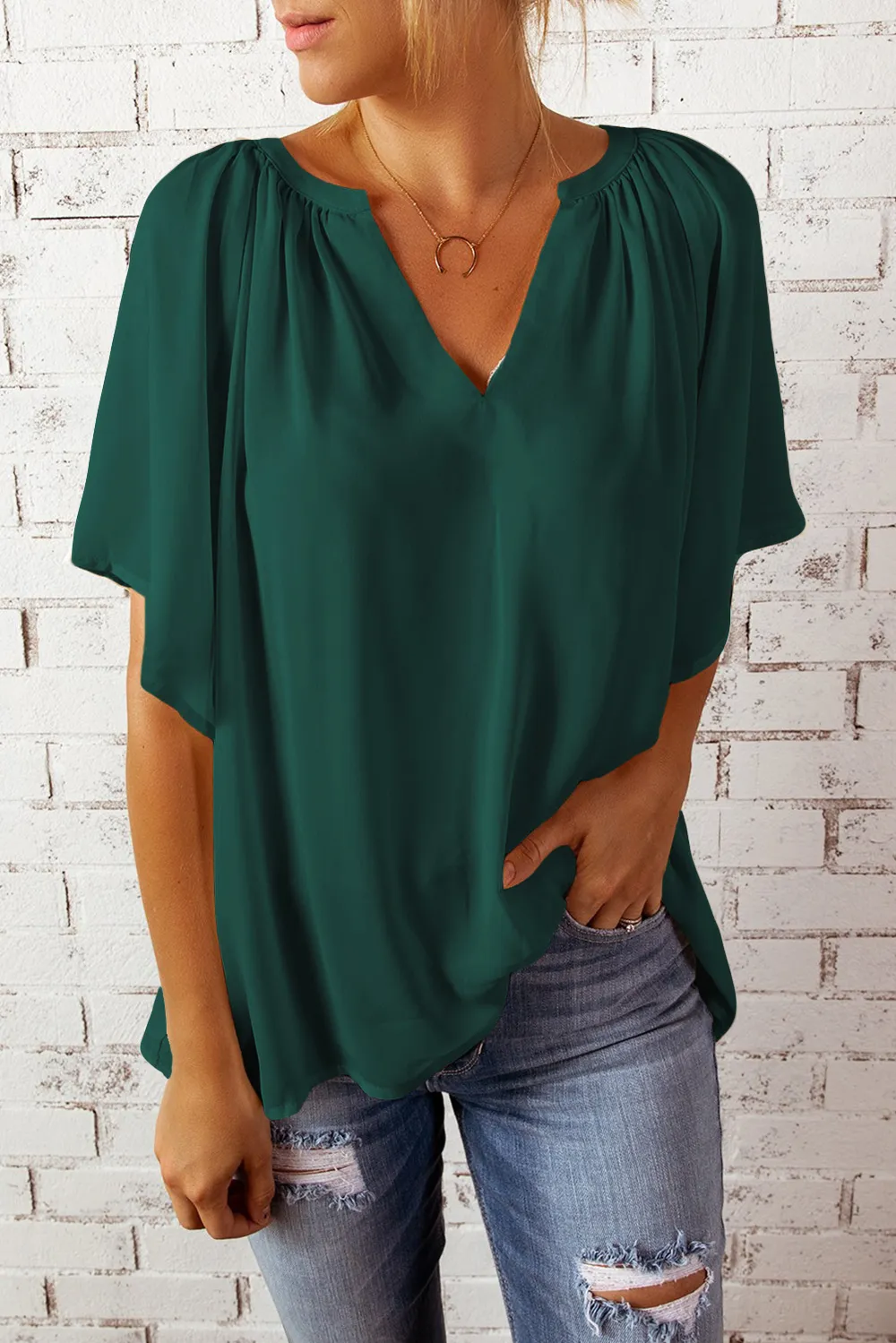 Gathered Detail Notched Neck Flutter Sleeve Top, image 25