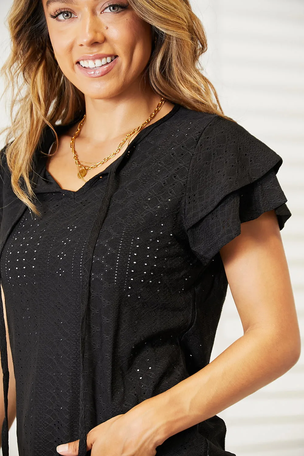 Eyelet Tie-Neck Flutter Sleeve Blouse, image 7