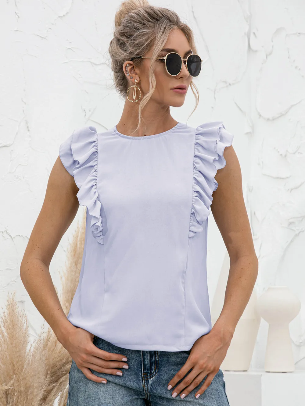 Round Neck Tied Open Back Flutter Sleeve Top, image 6