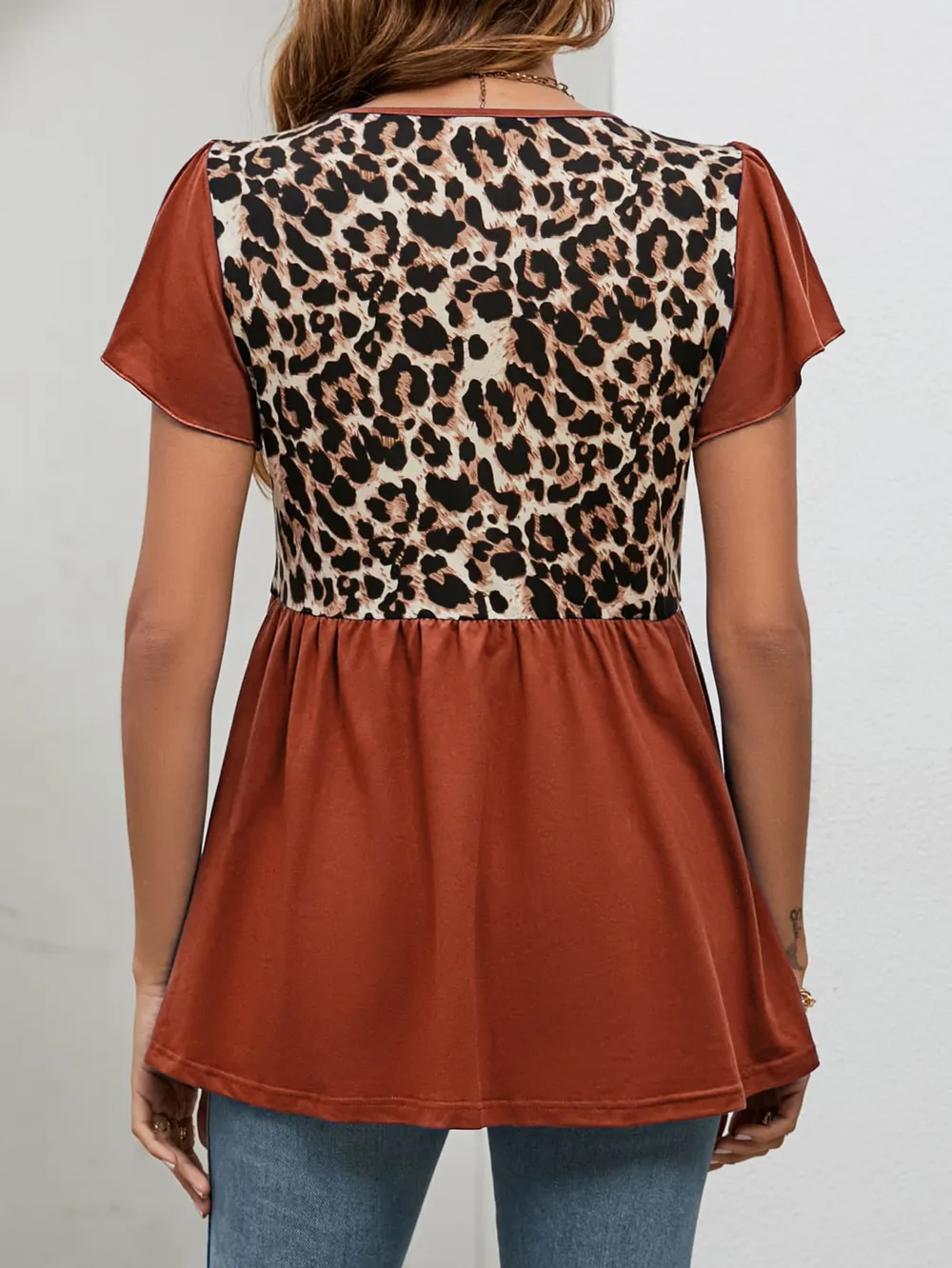 Leopard Round Neck Flutter Sleeve Babydoll Blouse, image 7
