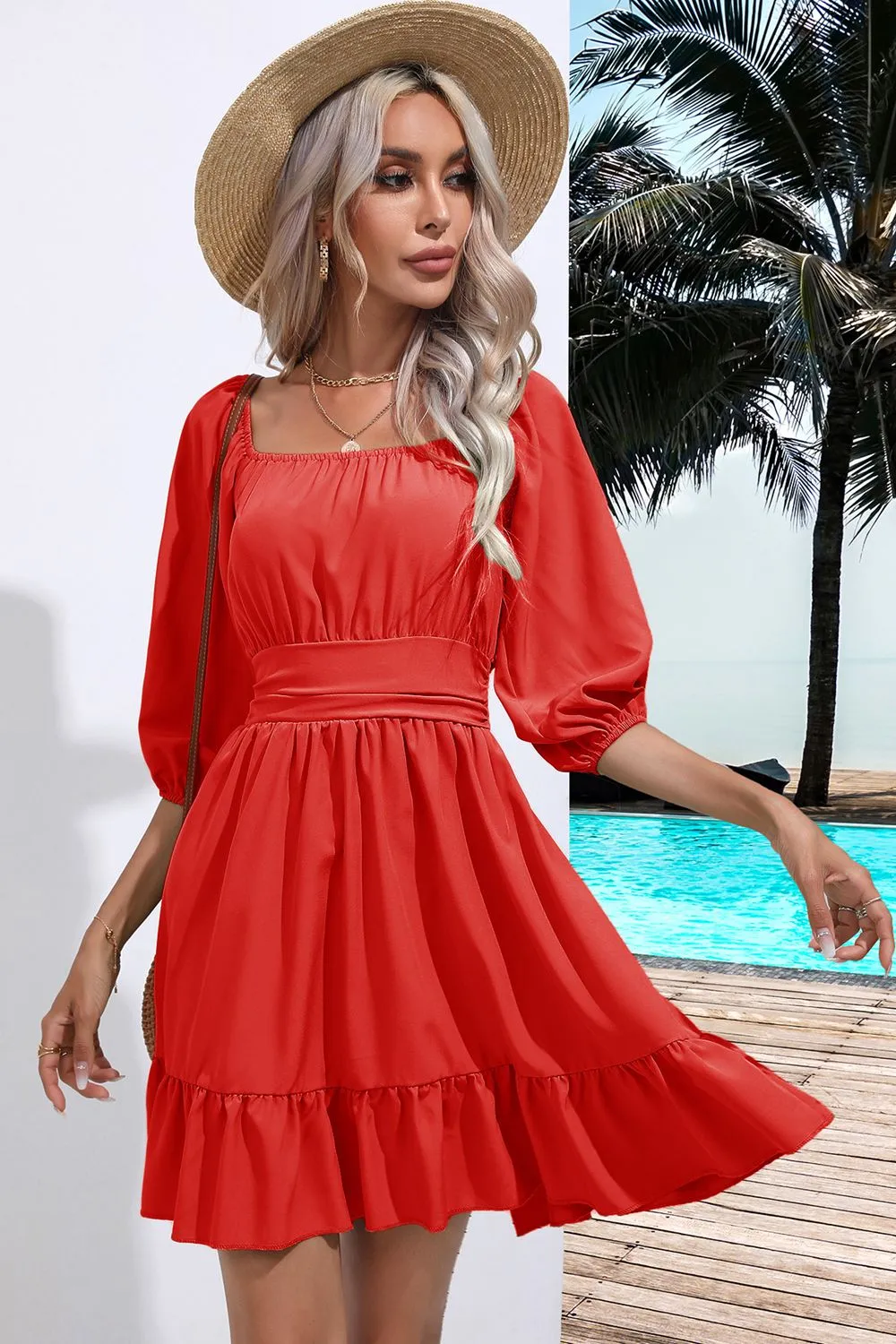 Square Neck Tie Back Ruffle Hem Dress, image 18