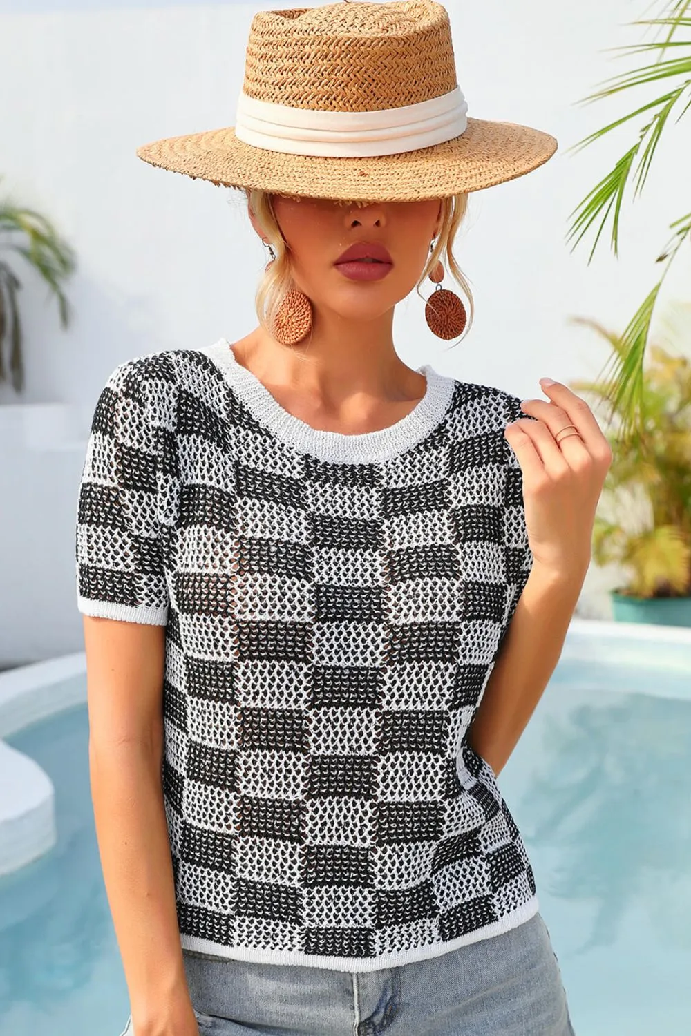 Checkered Short Sleeve Knit Top, image 9