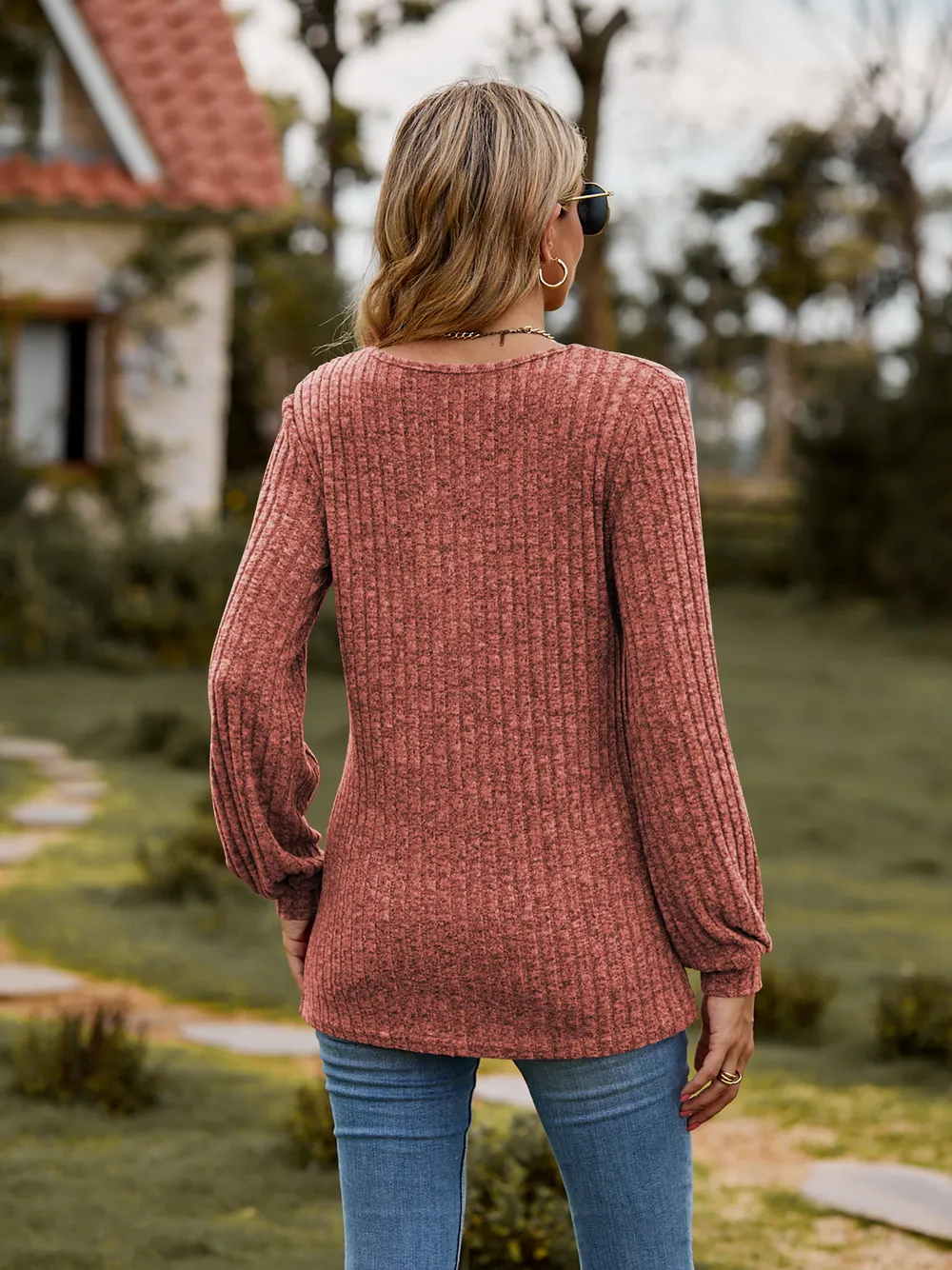 Round Neck Button-Down Long Sleeve Tee, image 3