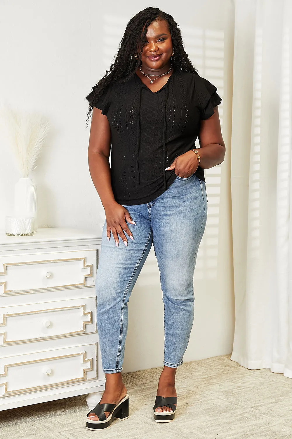Eyelet Tie-Neck Flutter Sleeve Blouse, image 8
