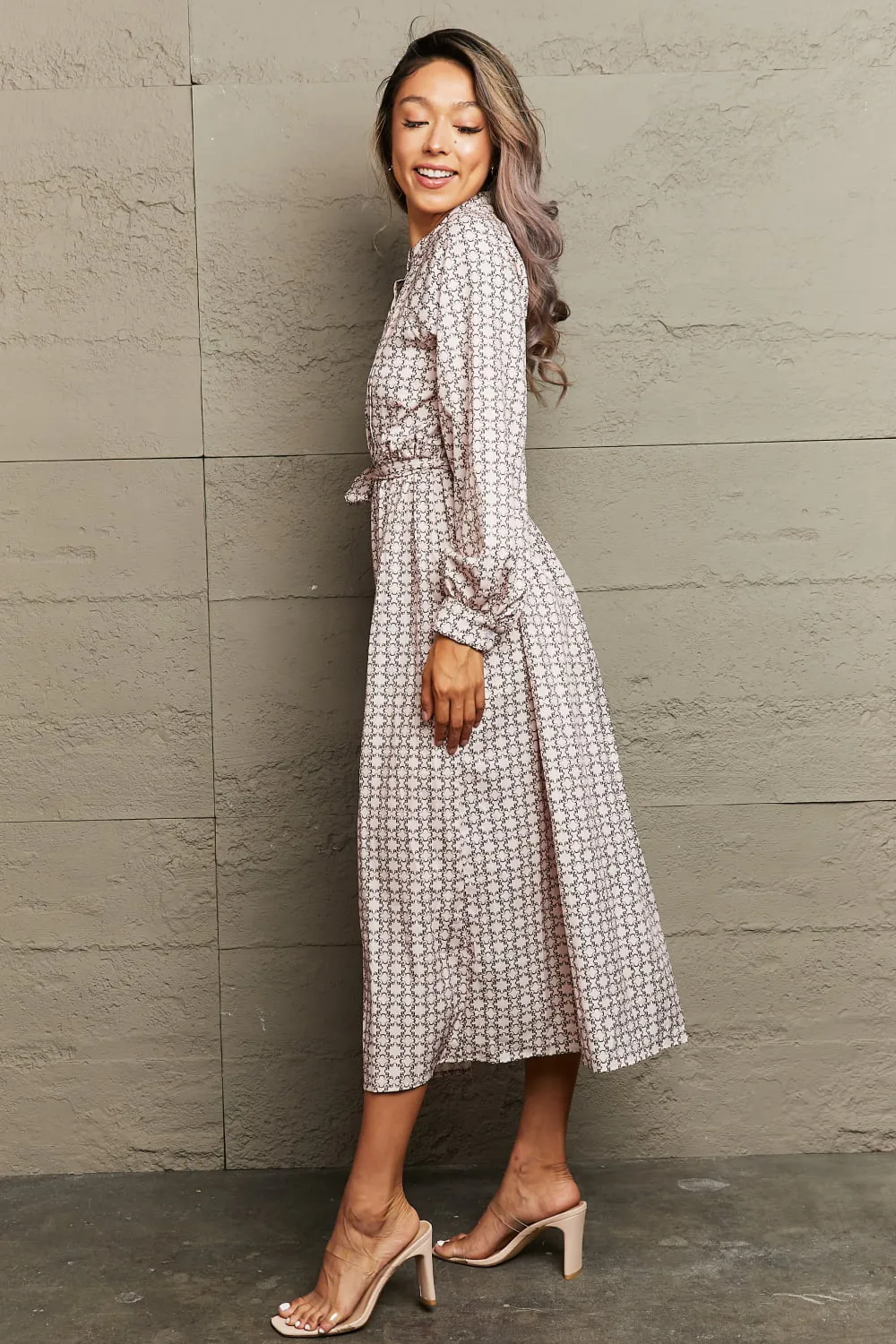 Printed Tie Waist Long Sleeve Dress, image 3
