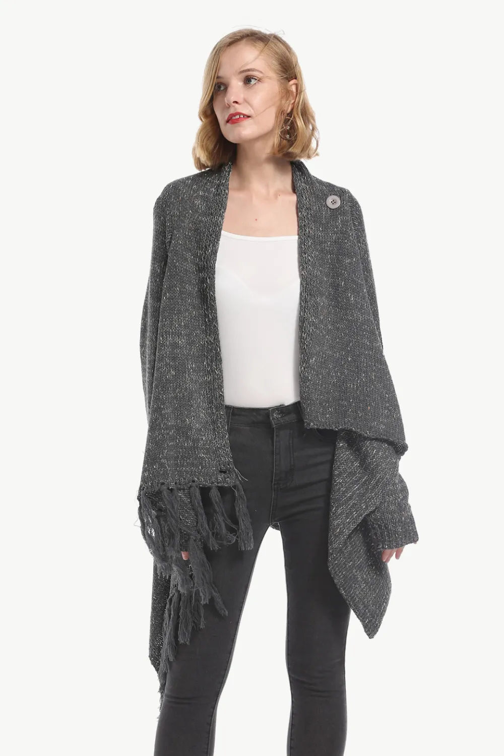 One-Button Tassel Tie Asymmetrical Hem Cardigan, image 18