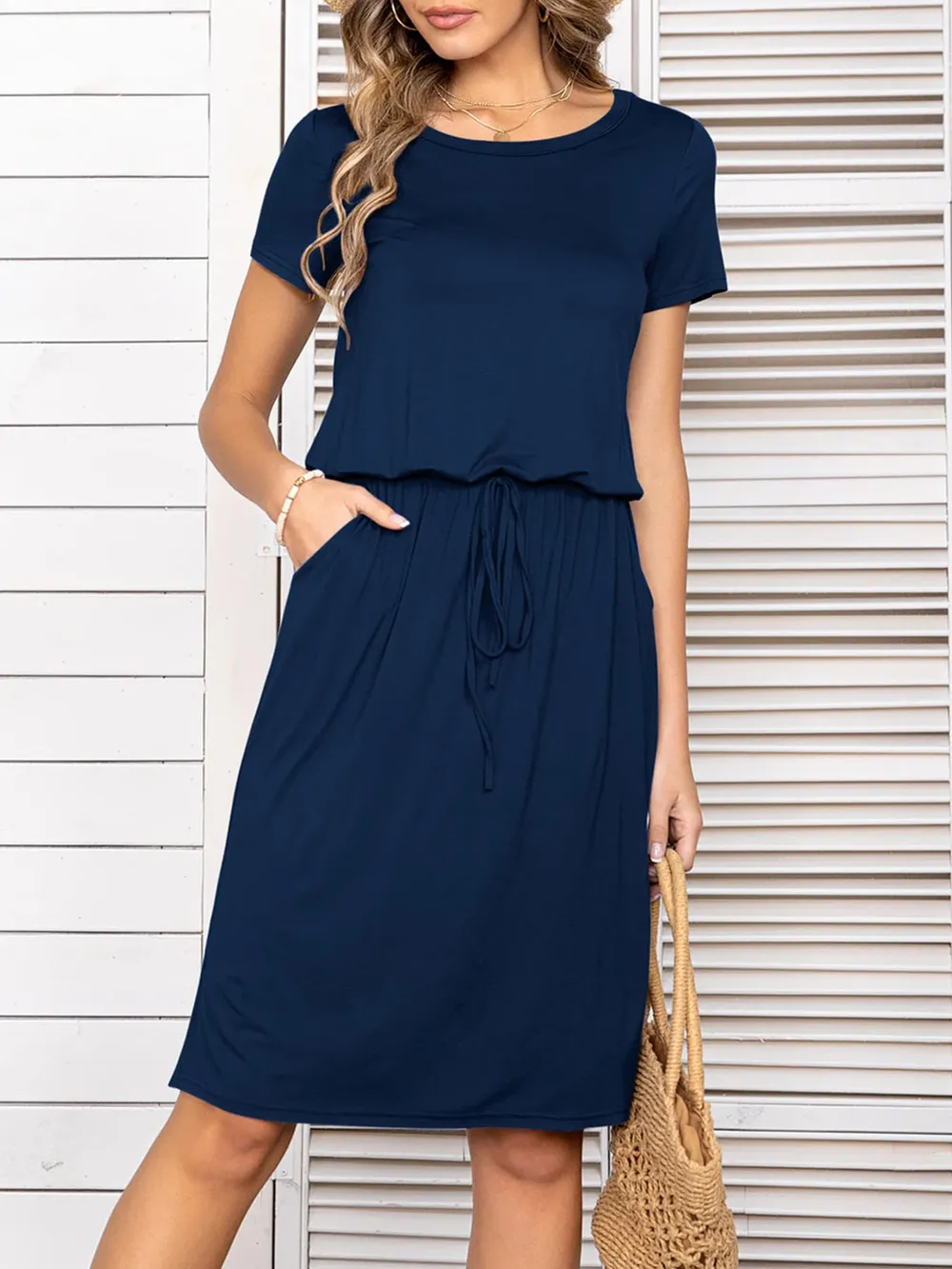 Round Neck Short Sleeve Slit Dress with Pockets, image 16