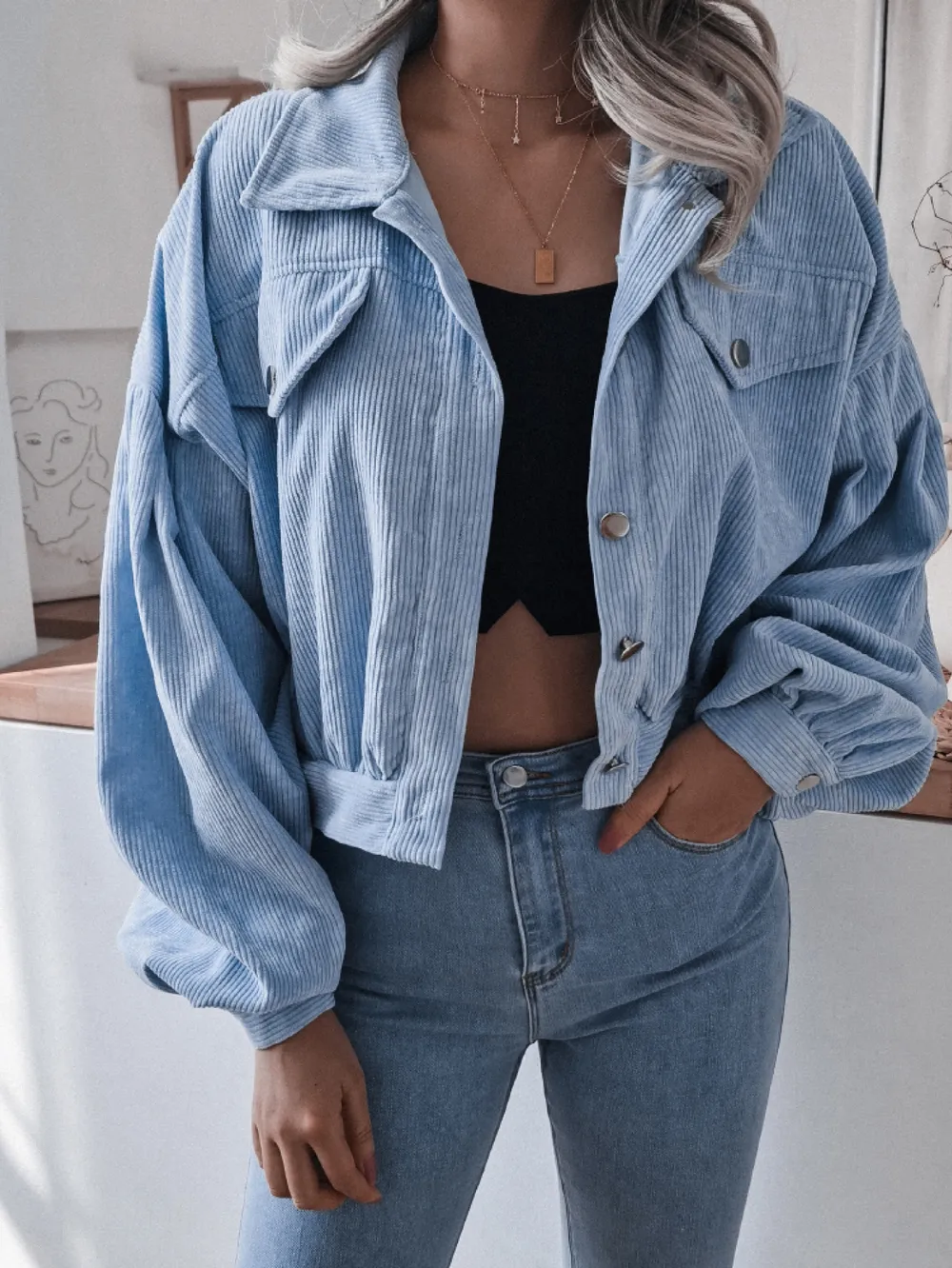 Lantern Sleeve Cropped Corduroy Jacket, image 3