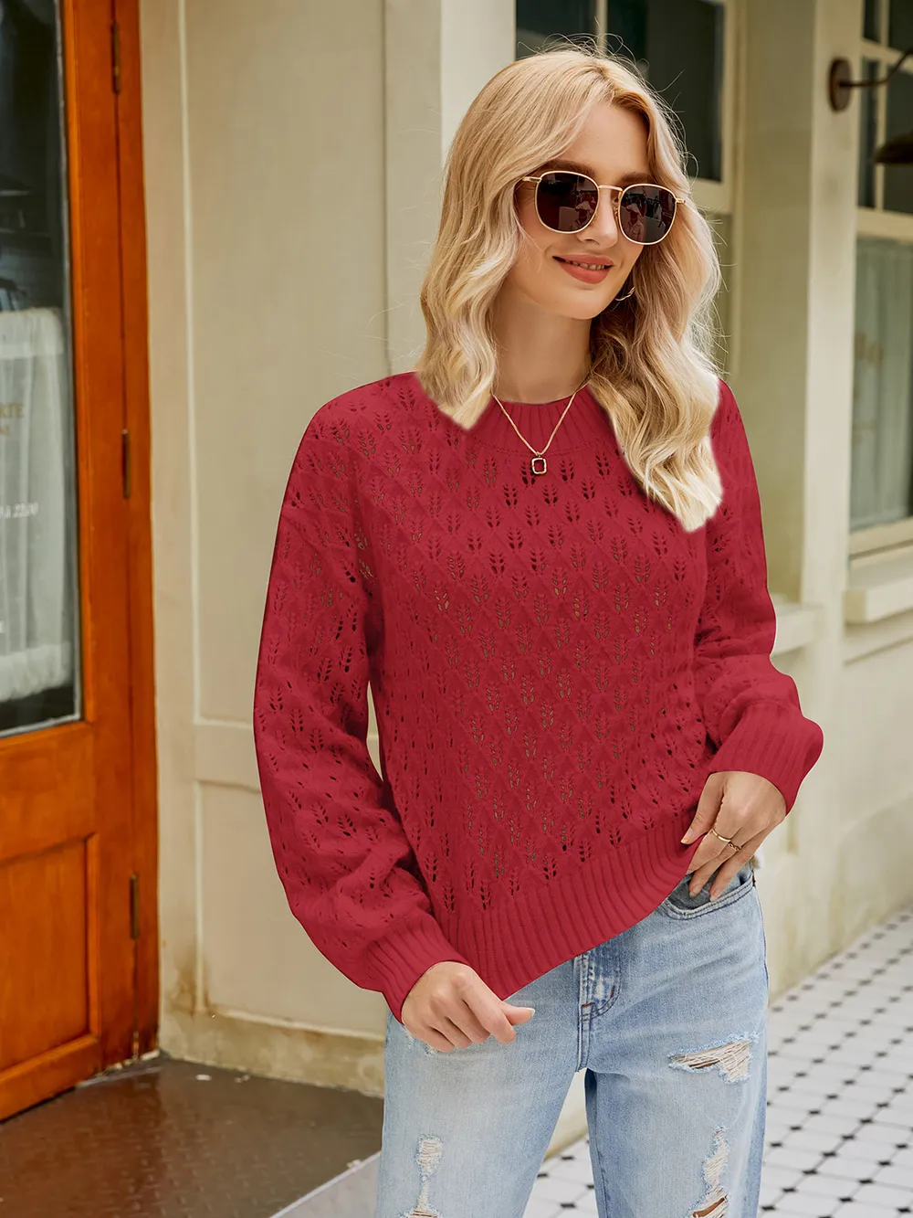 Openwork Round Neck Sweater, image 6