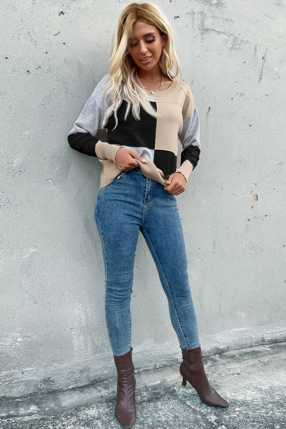 Color Block Ribbed Trim Round Neck Knit Pullover, image 6