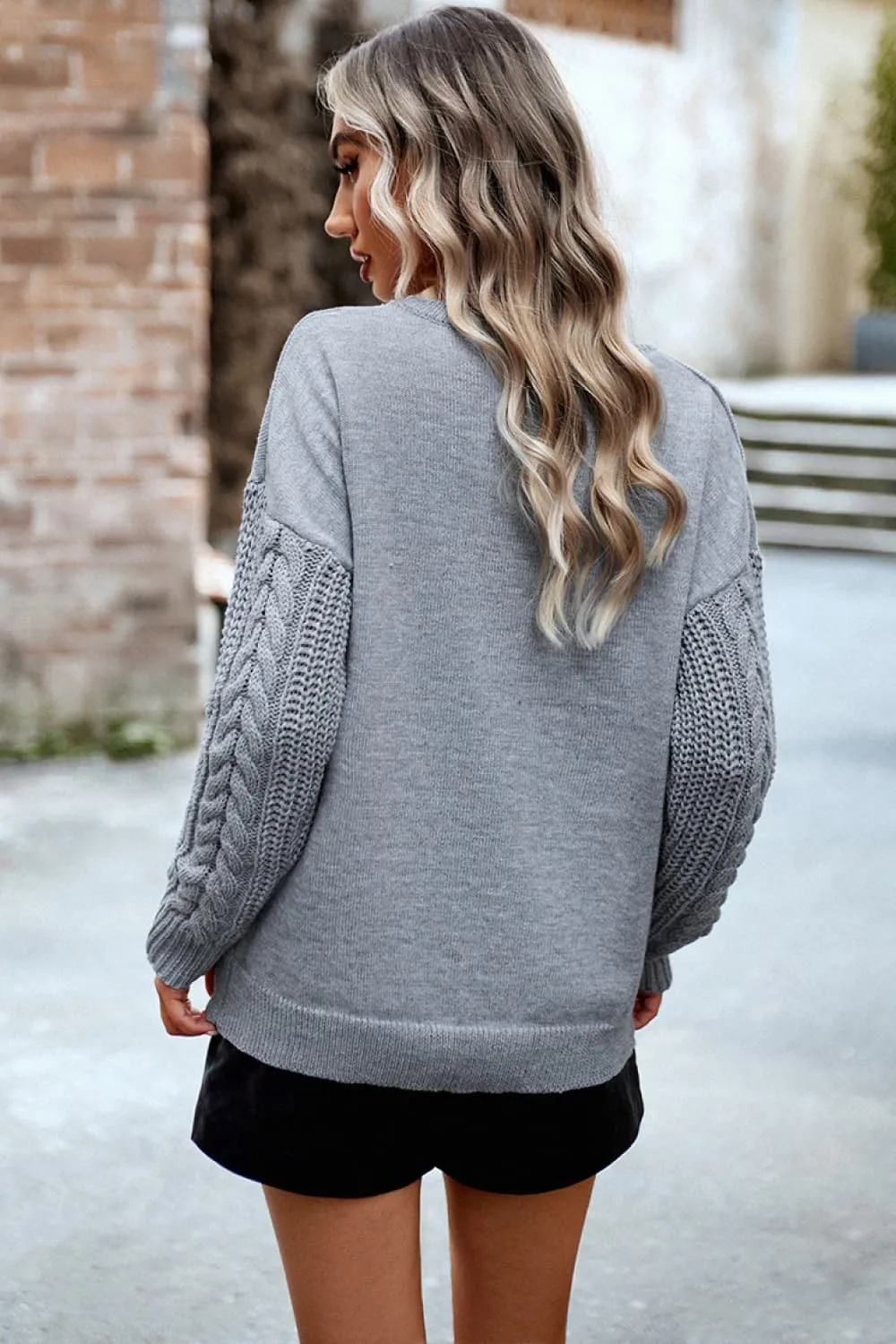 Cable-Knit Round Neck Drop Shoulder Sweater, image 6