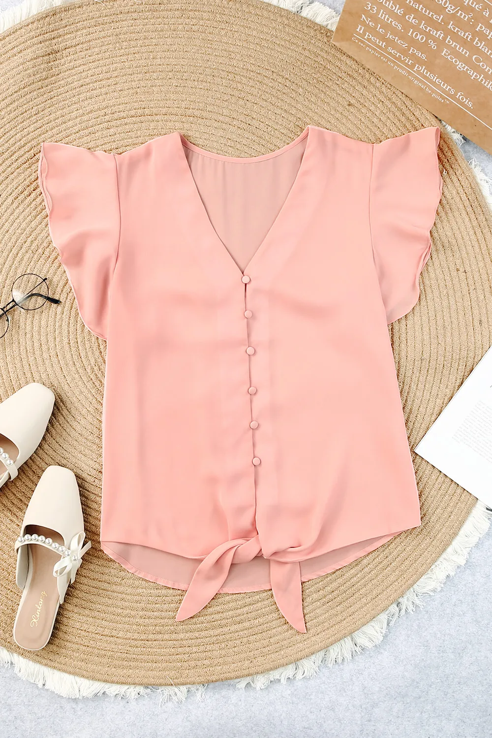 V-Neck Tie Hem Flutter Sleeve Blouse, image 22